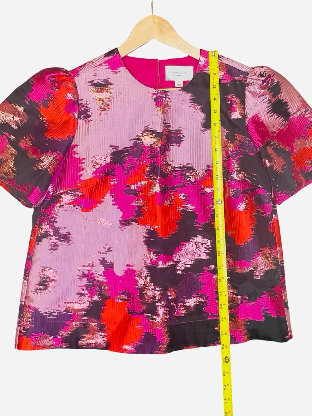 Tuckernuck Pomander Place Lyla Jacquard Puff Sleeve Blouse Pink Red Lurex S